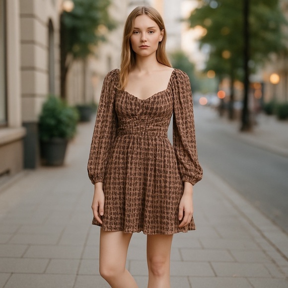 Express Brown and Black Long Sleeve Sundress with Sweetheart Neckline NWT size S - Picture 1 of 16
